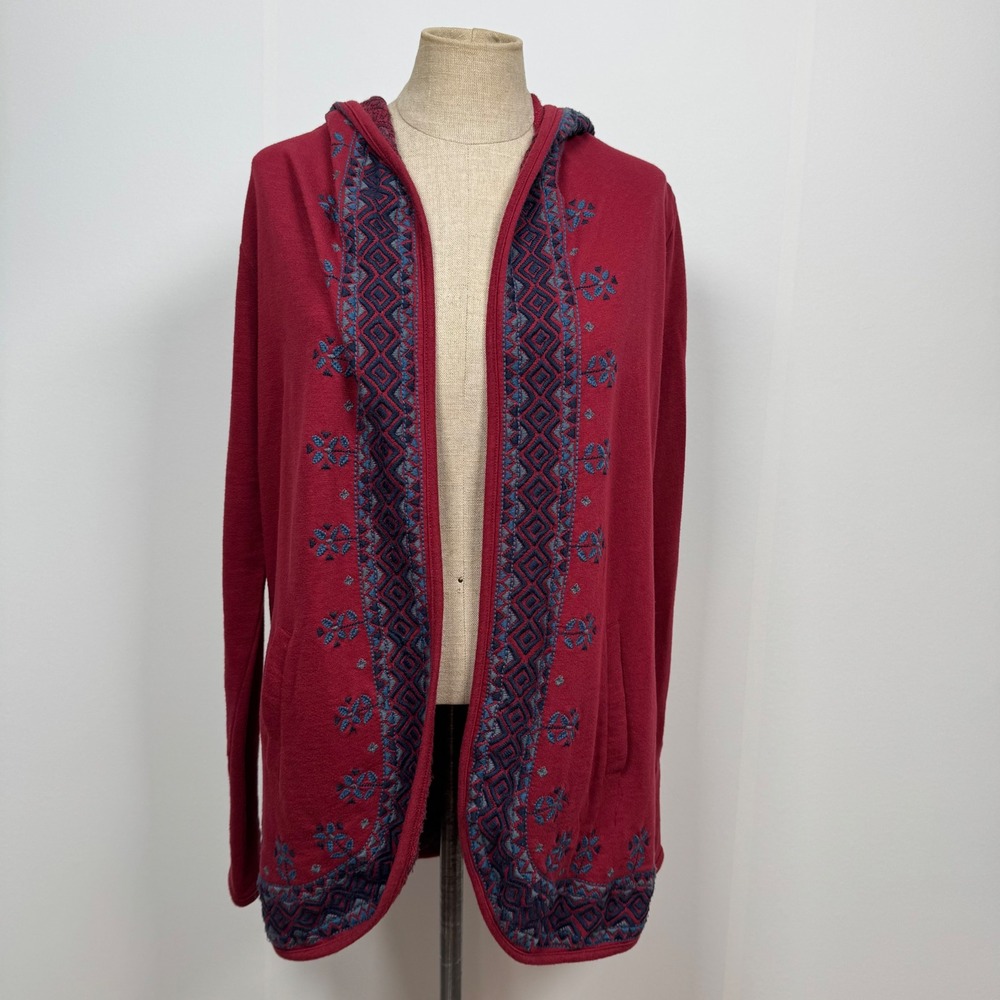 Lucky Lotus Brand Women XS Cardigan Burgundy Embroidery‎ Hood Soft Bohemian Folk